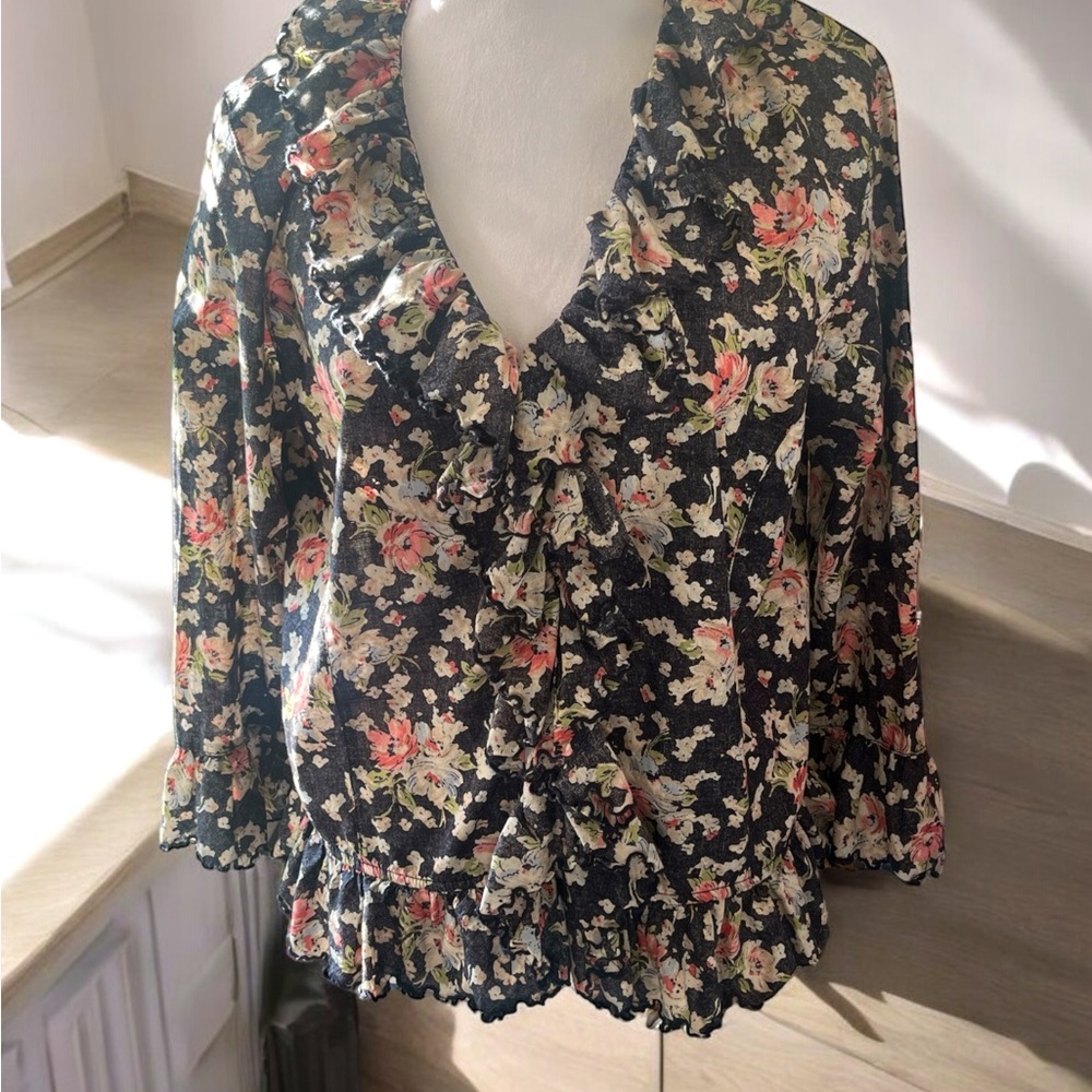 Lauren Ralph Lauren Womens Ruffled faded black floral pink shirt size XL!